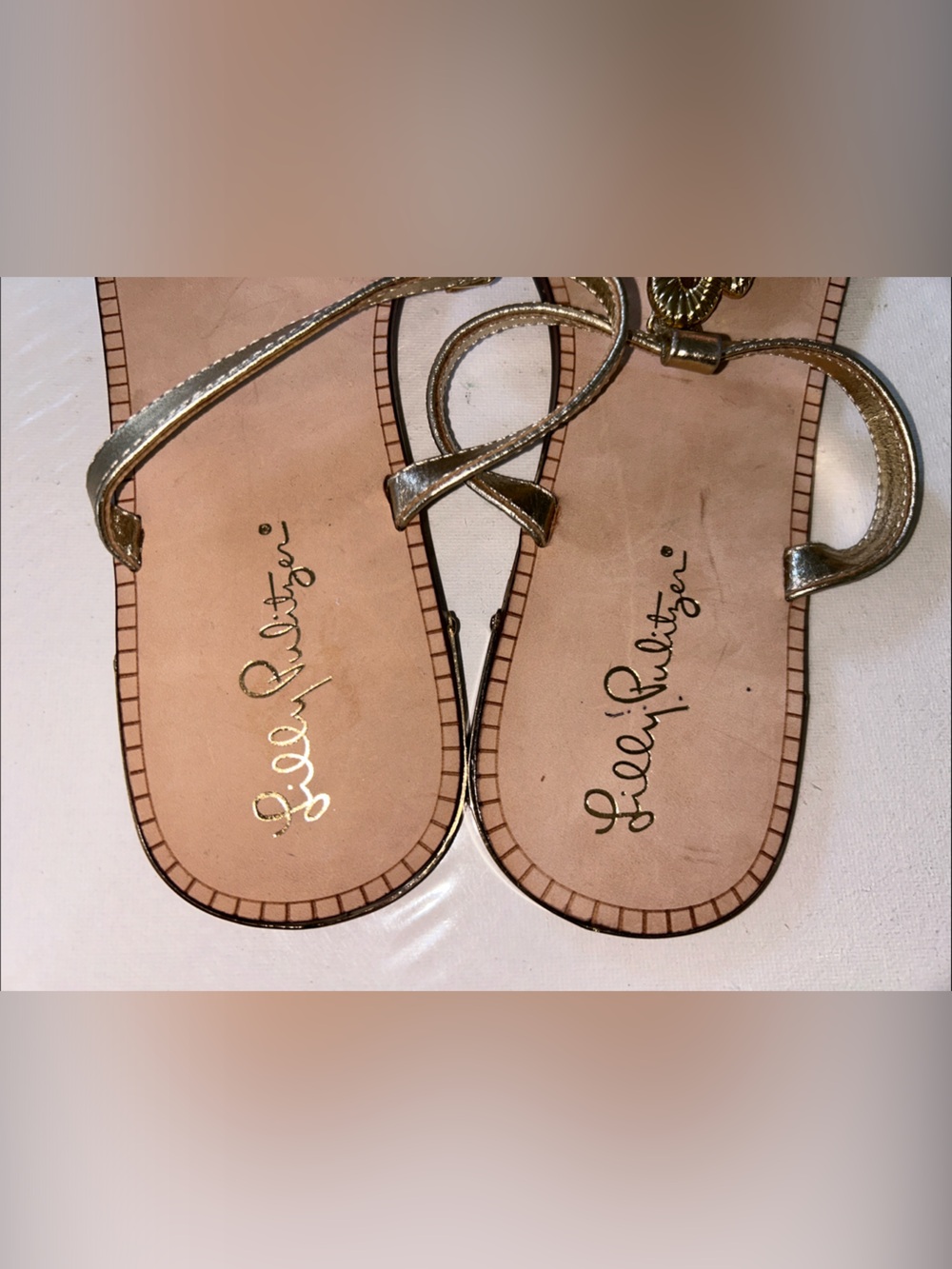 Lilly Pulitzer Metallic Gold Floral T-Strap Sandals - Picture 3 of 6